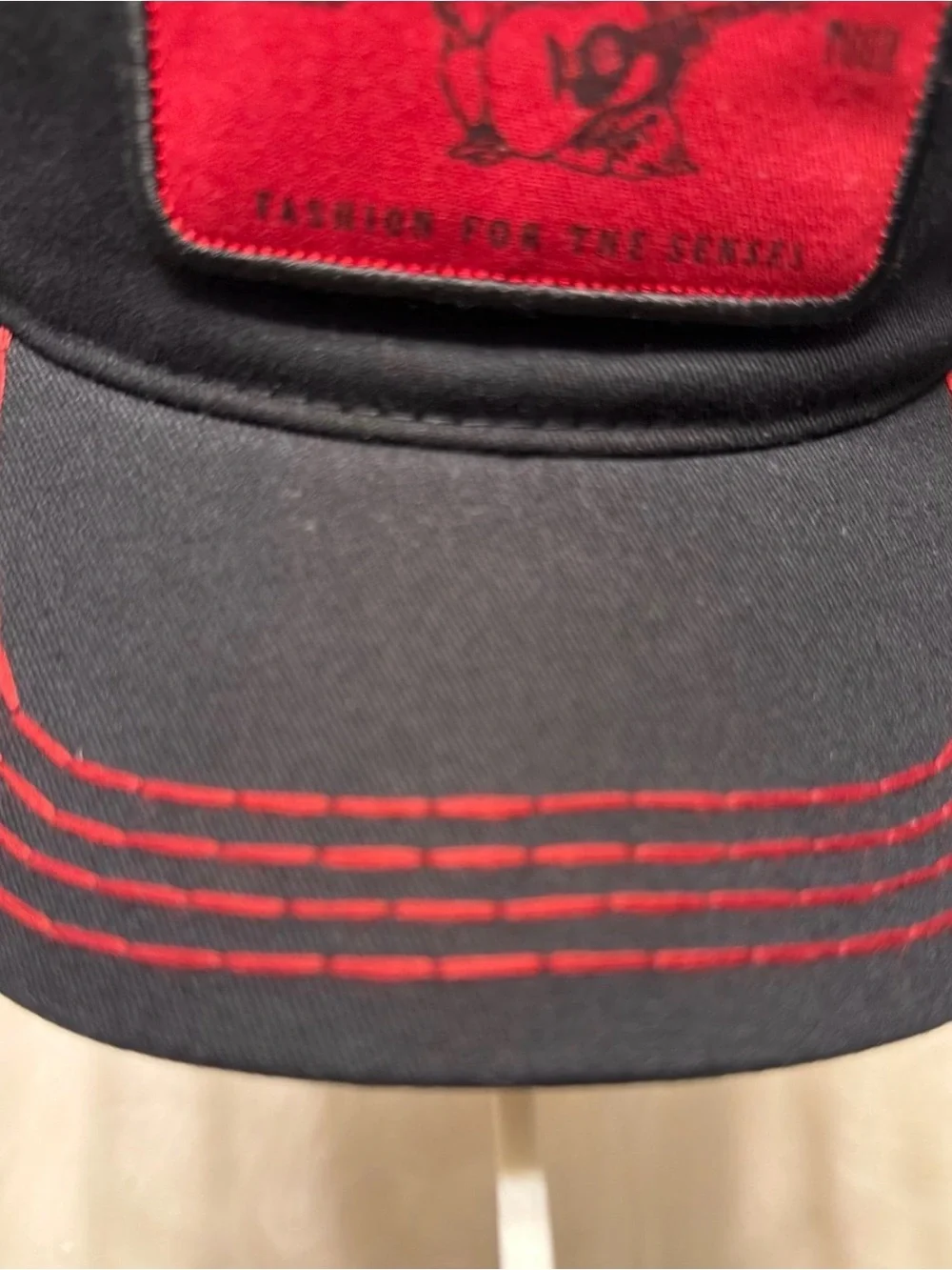 True Religion Black and Red Logo Patch Trucker Hat